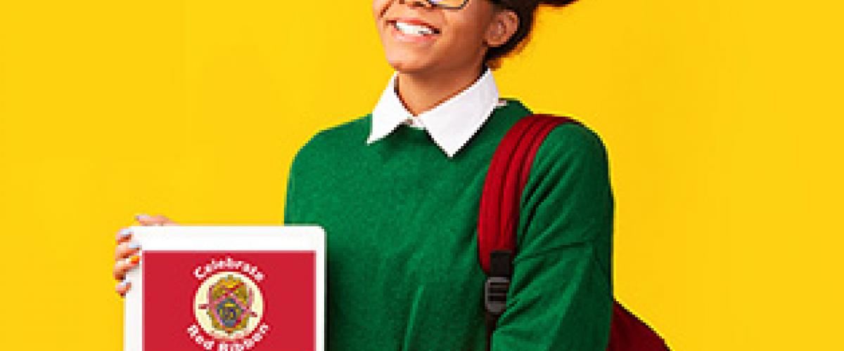 teen girl holding tablet with Red Ribbon Celebration written on it