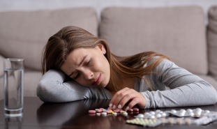 Depressed woman with pills