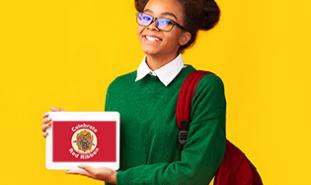 teen girl holding tablet with Red Ribbon Celebration written on it